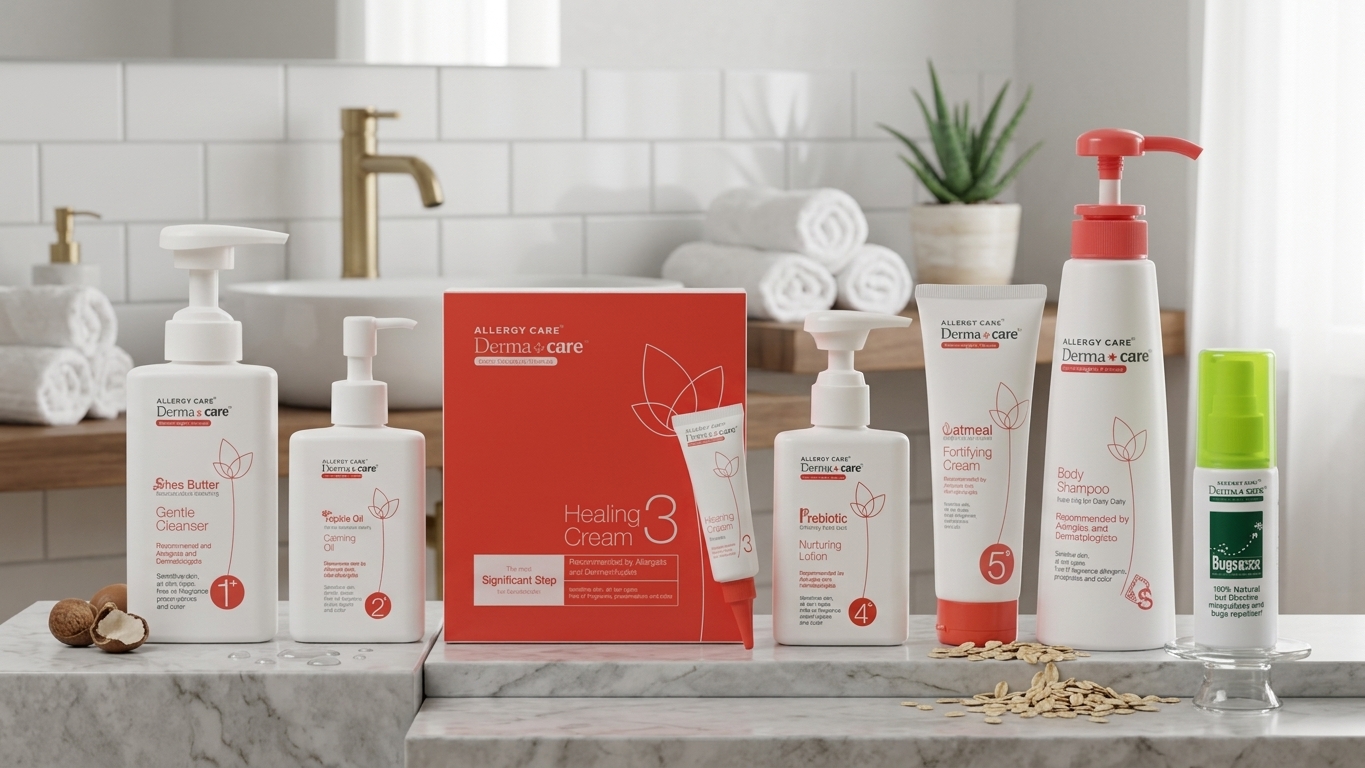 Allergy Care Derma+care skincare range displayed on a bathroom counter