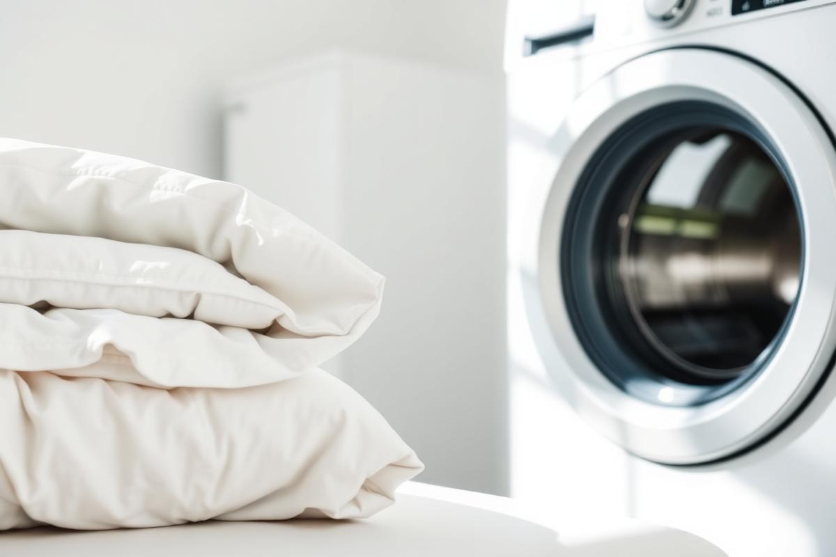 Folded clean white bedding beside a washing machine