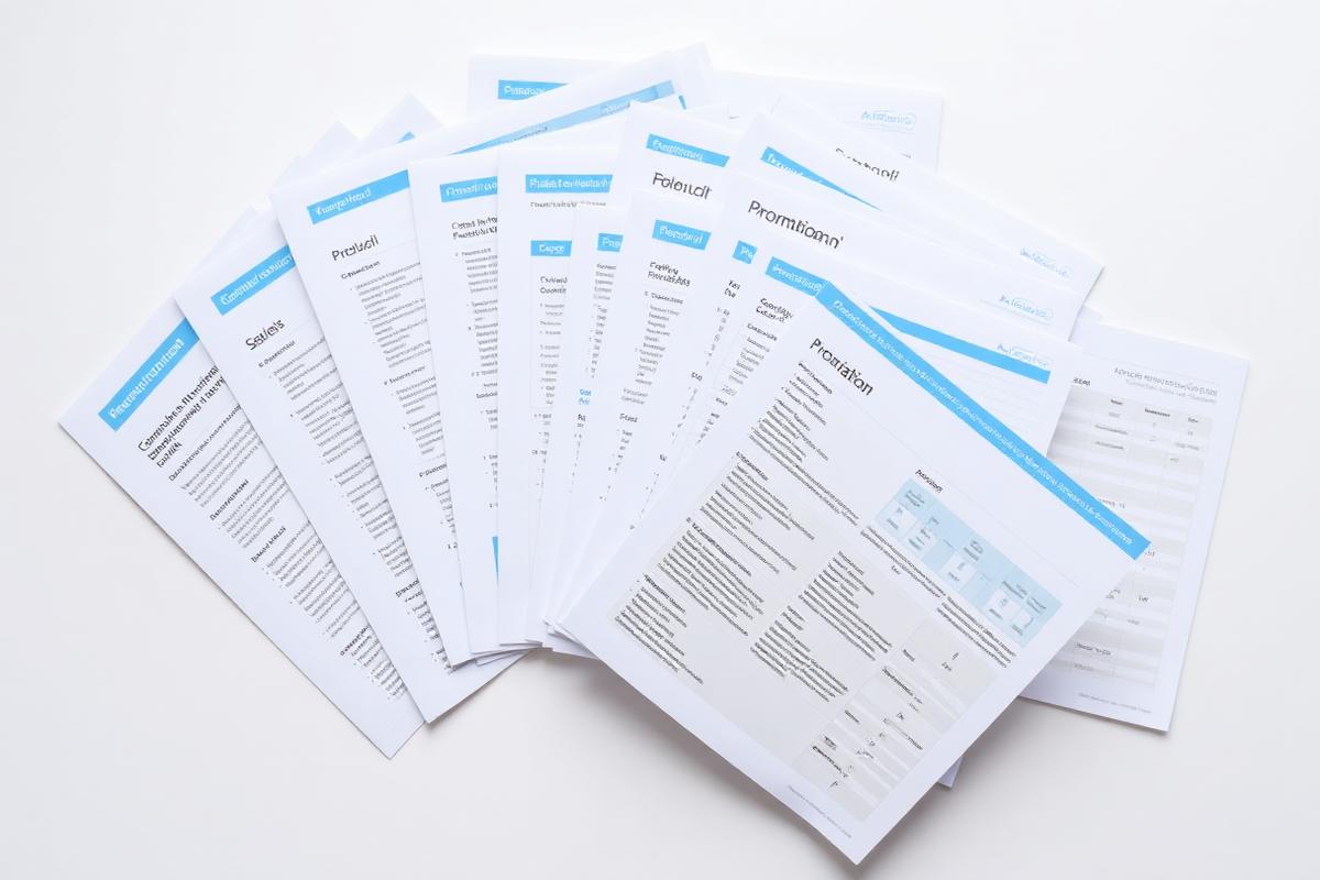 Printed product information sheets fanned out on a white surface