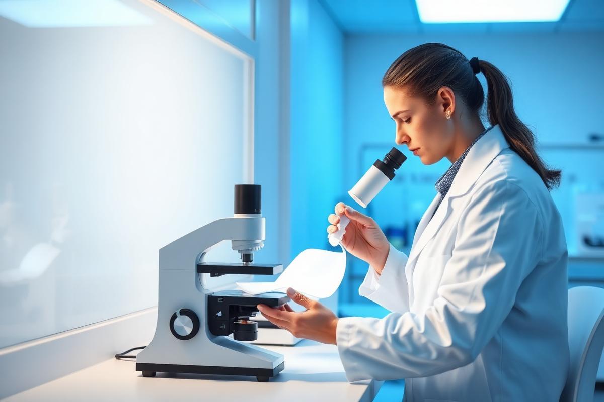 Laboratory technician examining a fabric sample under a microscope