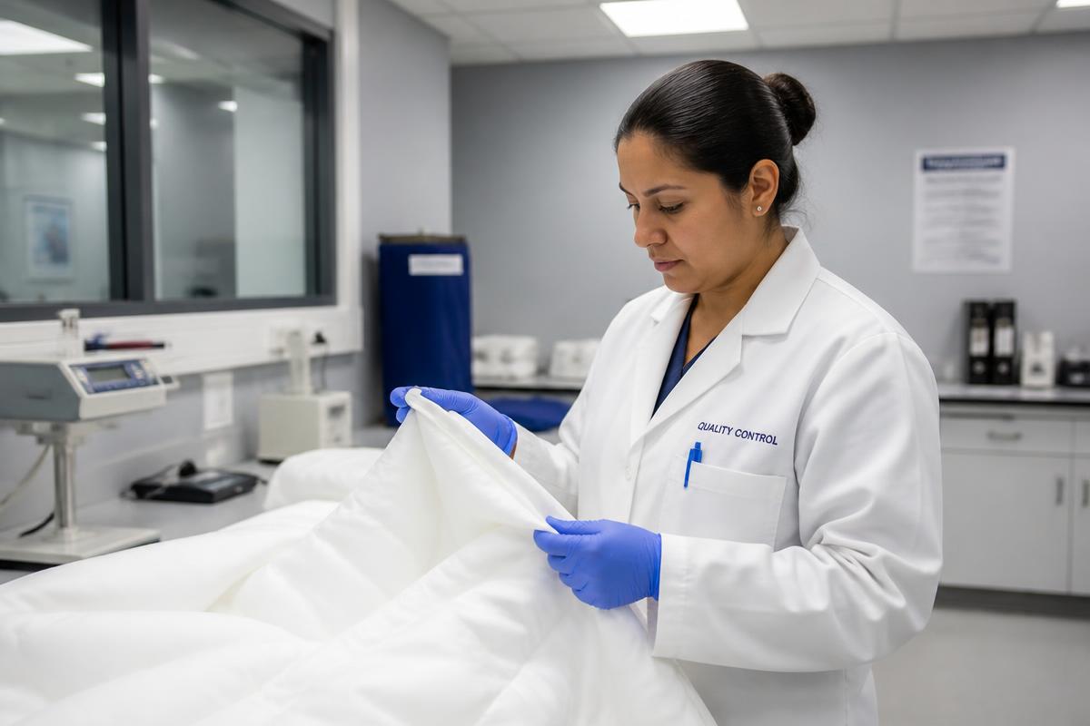 Technician assessing a barrier fabric sample in a laboratory