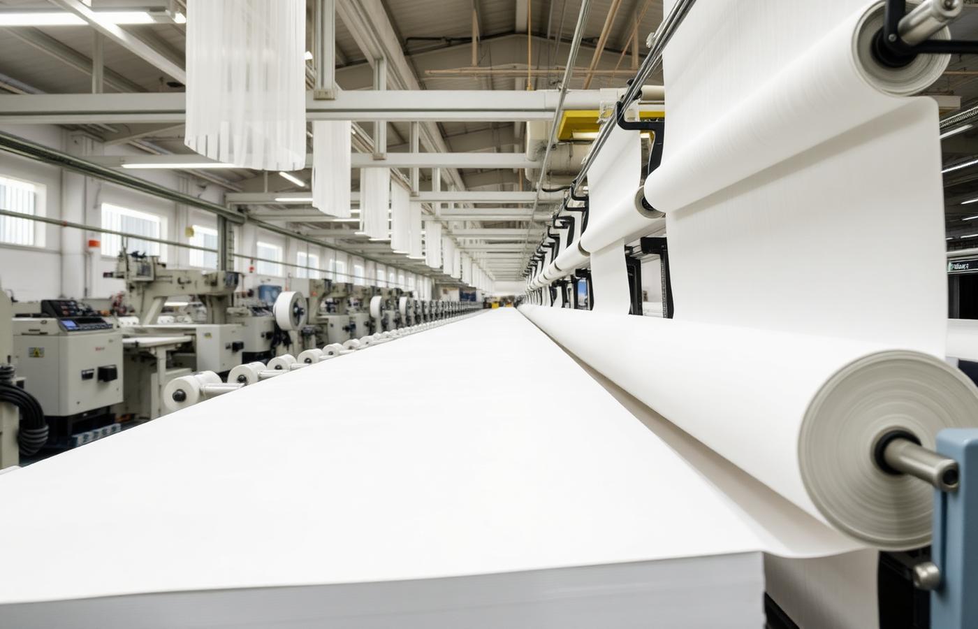 Barrier fabric being woven and rolled in a textile production facility