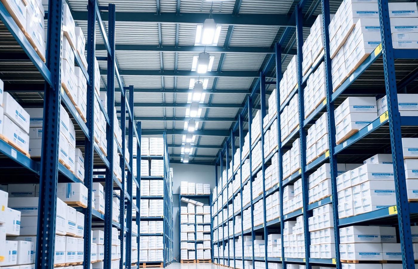 Warehouse aisle stocked with cartons ready for distribution